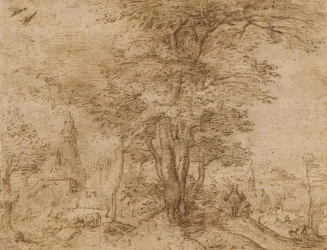 Uma vila com um grupo de árvores e uma mula, c.1552-54