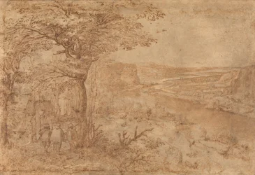 Paisagem com peregrinos (caneta e tinta castanha sobre papel)