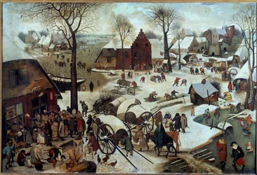 Pagamento do centavo ou da Desmobilização a Belém (h s/t 1,11 X 1,64). Pintura por Pieter Bruegel (ou Breugel ou Brueghel ou Breughel) o primeiro (1525-1569). 1566. Bruxelas, Museu Real de Belas Artes.