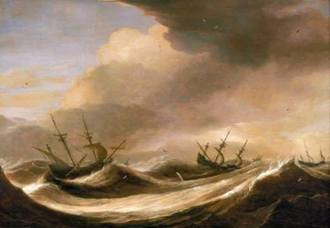 Navios em alto mar a fugir da tempestade, velas reduzidas, abalados pelas fortes ondas. Óleo sobre madeira, cerca de 1640, de Pieter Mulier (1615-1670).