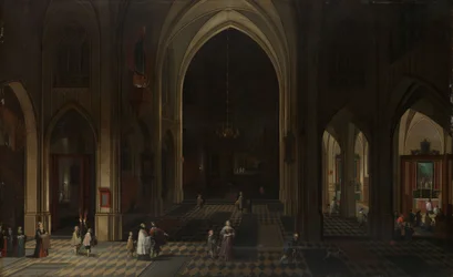 Interior de uma igreja gótica à noite, olhando para leste
