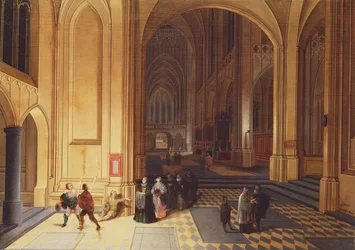 Interior de uma catedral com um mendigo e outras figuras