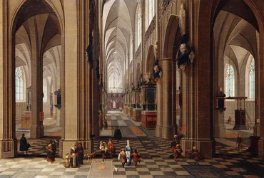 O interior de uma catedral gótica com habitantes da cidade e Pigrims, 1647