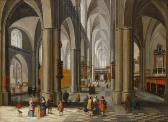 Interior de uma catedral com figuras