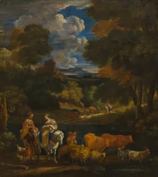 Uma Paisagem Pastoral com Viajantes, c.1657-1701 (óleo sobre tela)