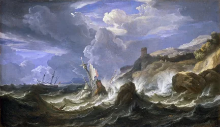 Naufrágio numa tempestade perto de uma costa rochosa. Óleo sobre tela, meados do século XVII, de Pieter Mulier II, o Jovem (ou Pietro Mulieribus ou Pietro Cavaliere Tempesta) (1637-1701).