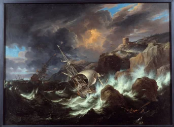 Tentativa no mar. Pintura de Pieter Mulier II o Jovem (ou Pietro Mulieribus ou Pietro Cavaliere Tempesta) (1637-1701)