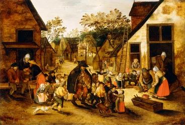 Um jogador cego de Hurdy-Gurdy cercado por crianças em uma vila, c.1610