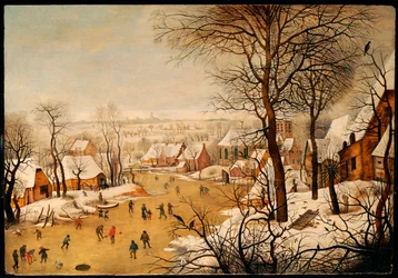 Uma paisagem de inverno com skatistas e uma armadilha para pássaros