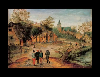Uma paisagem de vila com agricultores conversando em primeiro plano, 1634