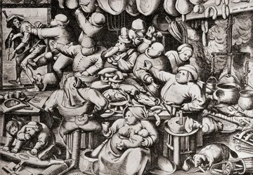 Mendigo a ser expulso da cozinha de um homem rico, no século XVI (gravura)