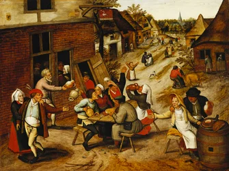 Camponeses Felizma fora do Swan Inn em uma Village Street, 1630