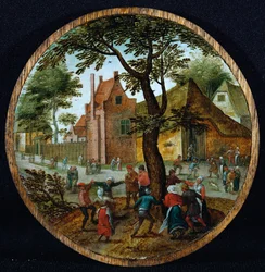 Camponeses dançando ao redor de uma árvore em uma rua da vila, 1625
