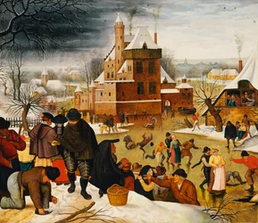 Moradores da cidade patinando em um fosso de castelo (óleo no painel)