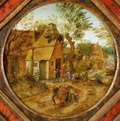 Rua da aldeia com agricultores (pintura sobre madeira)