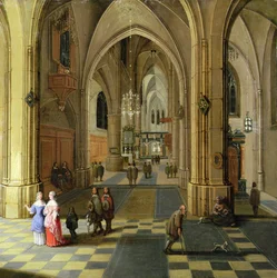 O interior de uma catedral gótica com duas mulheres conversando