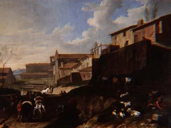 Vista Capriccio com igrejas, casas de campo e viajantes (petróleo)