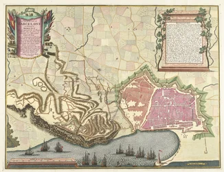 Kaart van het beleg van Barcelona, 1706
Plano da Cidade de Barcelona e Castelo de Mont Juy com as abordagens do Exército francês (...) (título sobre o objecto)