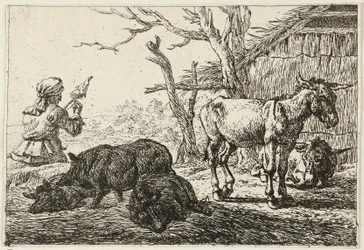 Suínos e burros num estábulo, à esquerda uma mulher fiandeira