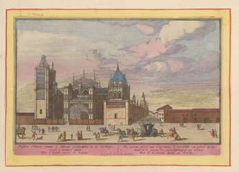 Vista de Toledo. Catedral A Grande Igreja de Toledo, a mais gloriosa de toda a Espanha; onde nos túmulos dos Arcebispos, de mármore (título no objeto) Theatrum Hispaniae (...) (título da série)