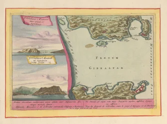 Vista do Rochedo de Gibraltar e um mapa do Estreito de Gibraltar
O Estreito, ou estreito de dois Duytsche mylen, entre Espanha e África (...) (título sobre o objecto)
Theatrum Hispaniae (...) (título da série)