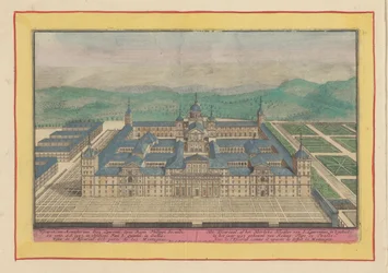 Vista aérea do Escorial O Escuriaal, ou o Mosteiro Heerlyke de S. Laurentius, na sua totalidade: construído no ano de 1557 pelo rei Filipe II (título no objeto) Theatrum Hispaniae (...) (título da série)