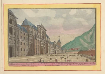 Vista do pátio e fachada do Escorial
O mesmo Mosteiro, no lado da frente; de pé não muito longe de Madrid (título sobre o objecto)
Theatrum Hispaniae (...) (título da série)
