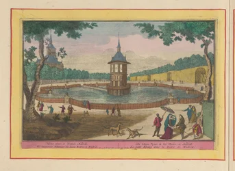 Pequena lagoa nos jardins do Palacio del Buen Retiro em Madrid A kleene Vyver, no Retiro; em Madrid (título no objeto) Theatrum Hispaniae (...) (título da série)