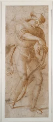 Um jovem amarrando seu arco (caneta e tinta marrom sobre papel branco)