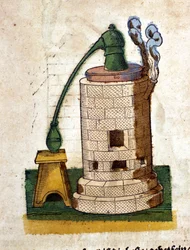 Alquimia: Aparelho para destilação. Gravura de um livro de Pietro Andrea Mattioli (Matthiole) (1500-1577). Frankfurt