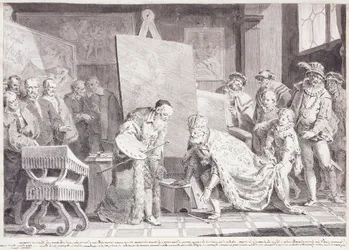 Imperador Carlos V pegando o pincel de Ticiano,