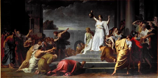 Judite mostra ao povo a cabeça decapitada de Holofernes, pintura de Pietro Benvenuti (1769-1844), 1796, H. 417 x 821 cm, Nápoles, Museo di Capodimonte