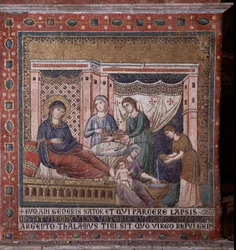 O nascimento de Maria Mosaico da abside de Pietro Cavallini (ativo por volta de 1273-1330) final do século XIII (Nascimento de Maria, mosaico da abside de Pietro Cavallini, final do século XIII) Roma, Igreja Santa Maria em Trastevere Itália