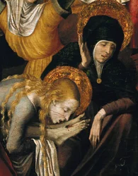 Descida da Cruz (Deposizione), detalhe de Maria Madalena abraçando os pés de Cristo, início do século XVI (tempera no painel)