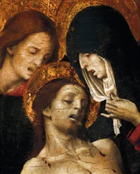 Descida da Cruz (Deposizione), detalhe de São João, a Virgem Maria e Cristo, início do século XVI (tempera no painel)