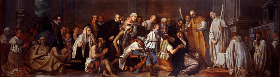 São Bernardo de Clairvaux (San Bernardo di Chiaravalle) (1090-1153) e o Posssedee Uma multidão composta por inválidos assiste à cena do delírio do demônio. Pintura de Pietro Damini (1592-1631) Chioggia do século XVII, Chiesa di San Domenico