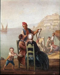 Um vendedor de peixe e um casal, pormenor, século XVIII, Museo Nazionale di San Martino, Nápoles