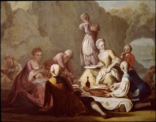 Cena de banquete em Posillipo (Pausilippe), Nápoles. Pormenor de aristocratas a fazer um piquenique - Banquete em Posillipo - Pormenor de aristocratas - Século XVIII, Museo Nazionale di San Martino, Nápoles