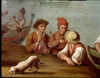 Cena de banquete em Posillipo (Pausilippe), Nápoles, pormenor com pescadores - Banquete em Posillipo - pormenor com pescadores. Pietro Fabris. Século XVIII. Museo Nazionale di San Martino, Nápoles