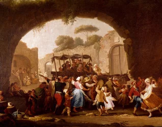 Cena de dança e festa popular em Nápoles, pormenor. Dançarinos de tarantela (tarantela, tarantela). Pietro Fabris (ativo entre 1763 e 1776), século XVIII, Nápoles, Museo Nazionale di San Martino
