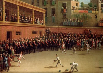 Jogo de bola italiano (palla a bracciale) em pintura interior de Pietro Fabris (1740-1792)