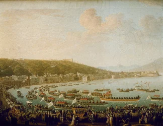 A partida de Carlos III de Espanha (Carlos III) (1716-1788) da Baía de Nápoles (Itália). Pintura de Pietro Fabris (1756-1779), óleo sobre tela