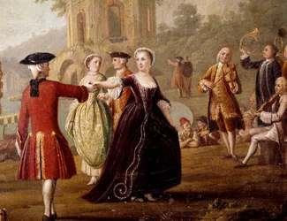 Cena nobre de dança e festa em Nápoles. Dançarinos num parque. Século XVIII. Nápoles, Museo Nazionale di San Martino