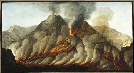 O vesúvio em erupção. Esta guache foi realizada por Pierre Fabris, a pedido de Sir William Hamilton, embaixador inglês em Nápoles.Bibl. Braidense, Milão.