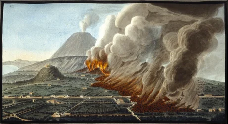 O vesúvio em erupção. Esta guache foi realizada por Pierre Fabris, a pedido de Sir William Hamilton, embaixador inglês em Nápoles.Bibl. Braidense, Milão.