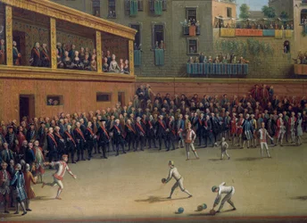 O jogo de andebol, por Pietro Fabris (ativo 1768-1778), Detail, Itália