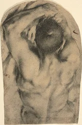 Nu masculino reclinado a meio comprimento visto de costas, c.1590 (carvão vegetal, toques de tinta de óleo e vestígios de branco de chumbo sobre papel)