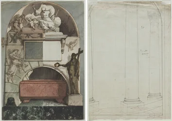 Projeto para um afresco de um túmulo de artista na Certosa de Bolonha (reto); Desenho Arquitetônico de Colunas (verso)