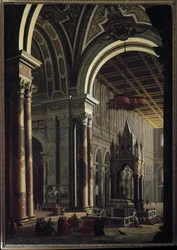 Vista interior da Basílica de São Paulo em Roma (Vista interior da Basílica de São Paulo em Roma) Pintura de Pier Francesco Garola (Garoli) (1638-1716) Turin Galleria Sabauda
