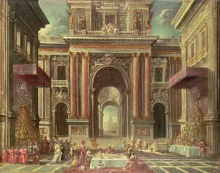 Festa magnífica no pátio de um palácio barroco (óleo sobre tela)